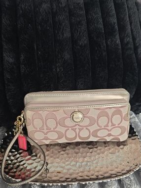 COACH Pink Signature Wristlet Clutch with Metallic Trim